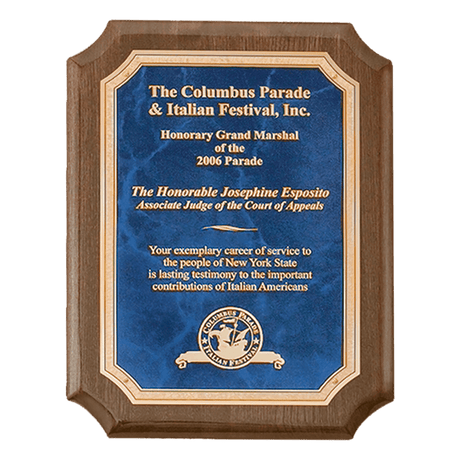 9" x 12" Airflyte Premium Walnut Piano Finish Plaque with Gold Florentine Border Sapphire Marble LaserFX Plate
