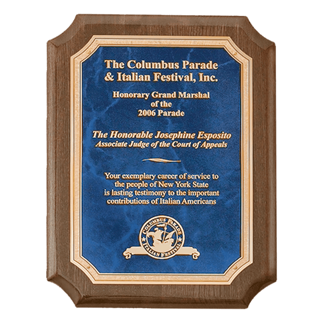 9" x 12" Airflyte Premium Walnut Piano Finish Plaque with Gold Florentine Border Sapphire Marble LaserFX Plate