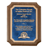 Walnut Piano Finish Plaque with Gold 2 9" x 12" Airflyte Premium Florentine Border Sapphire Marble LaserFX Plate