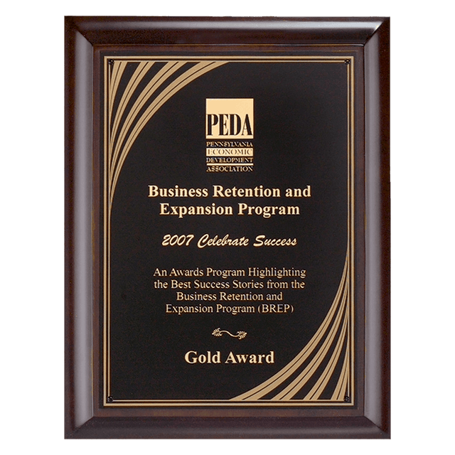 9" x 12" Hand Rubbed Cherry Finish Plaque with Cascading Gold Swirl Design Laserable Black Brass Plate