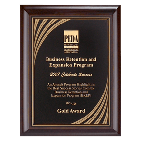 11" x 14" Hand Rubbed Cherry Finish Plaque with Cascading Gold Swirl Design Laserable Black Brass Plate