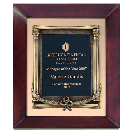 12" x 15" Airflyte Cherry Finish Frame with Antique Bronze Finished Metal Frame on a Brushed Gold Metal Background with a Laserable Black Brass Plate