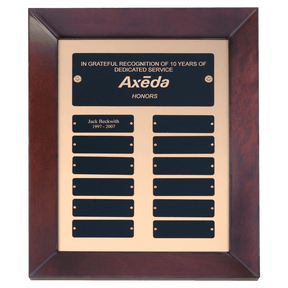12" x 15" Airflyte Cherry Finish Frame Perpetual Plaque with Gold Metal Background and 12 Laserable Black Brass Plates