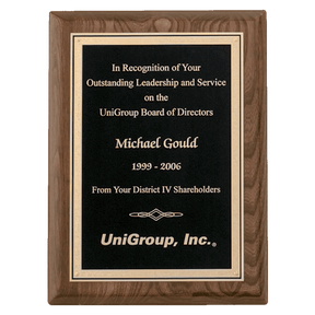 8" x 10" Airflyte Walnut Piano Finish Plaque with Textured Black/Gold Florentine Border LaserFX Plate