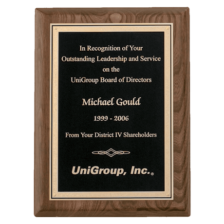 9" x 12" Airflyte Walnut Piano Finish Plaque with Textured Black/Gold Florentine Border LaserFX Plate