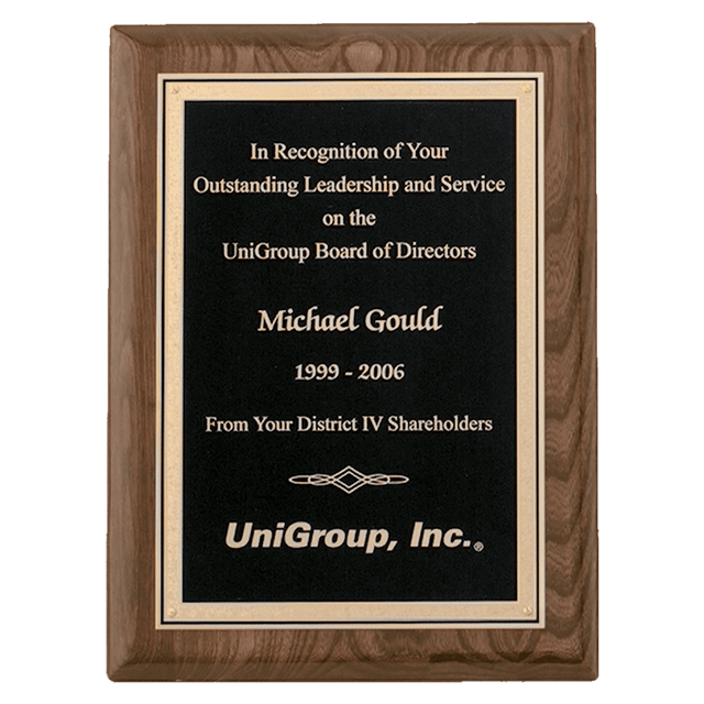 9" x 12" Airflyte Walnut Piano Finish Plaque with Textured Black/Gold Florentine Border LaserFX Plate