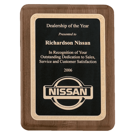 8" x 10 1/2" Airflyte Walnut Piano Finish Plaque with Textured Black/Gold Florentine Border LaserFX Plate