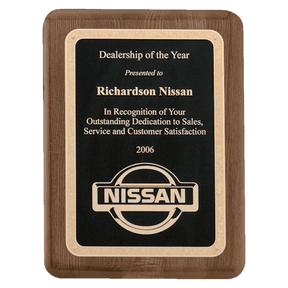9" x 12" Airflyte Premium Walnut Piano Finish Plaque with Gold Florentine Border Textured LaserFX Plate
