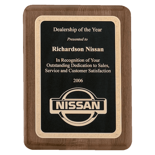 9" x 12" Airflyte Premium Walnut Piano Finish Plaque with Gold Florentine Border Textured LaserFX Plate