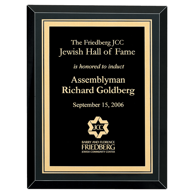 8" x 10" Airflyte Premium Black Mirror Glass Plaque with Gold Florentine Border LaserFX Plate