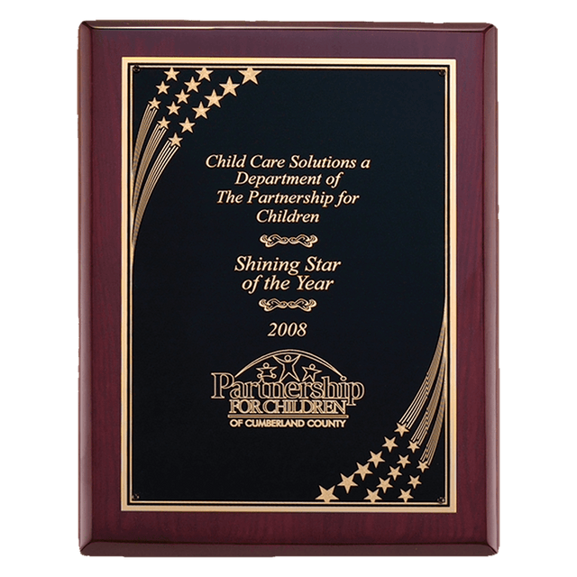 7" x 9" Airflyte Rosewood Piano Finish Plaque with Gold Florentine Star Border LaserFX Plate