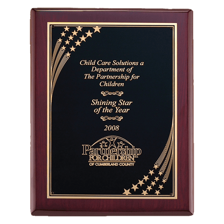 8" x 10 1/2" Airflyte Rosewood Piano Finish Plaque with Gold Florentine Star Border LaserFX Plate