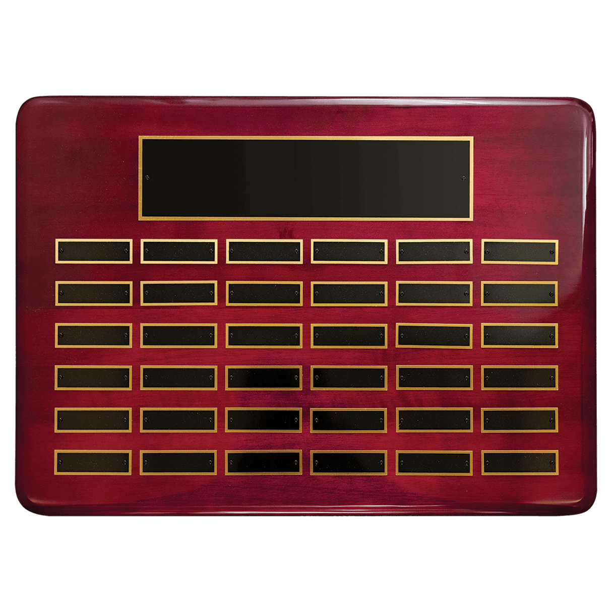 Rosewood Piano Finish 36 Plate Perpetual Plaque with Black Brass 15" x 21"/Plates 7/8" x 2 3/4" Plates