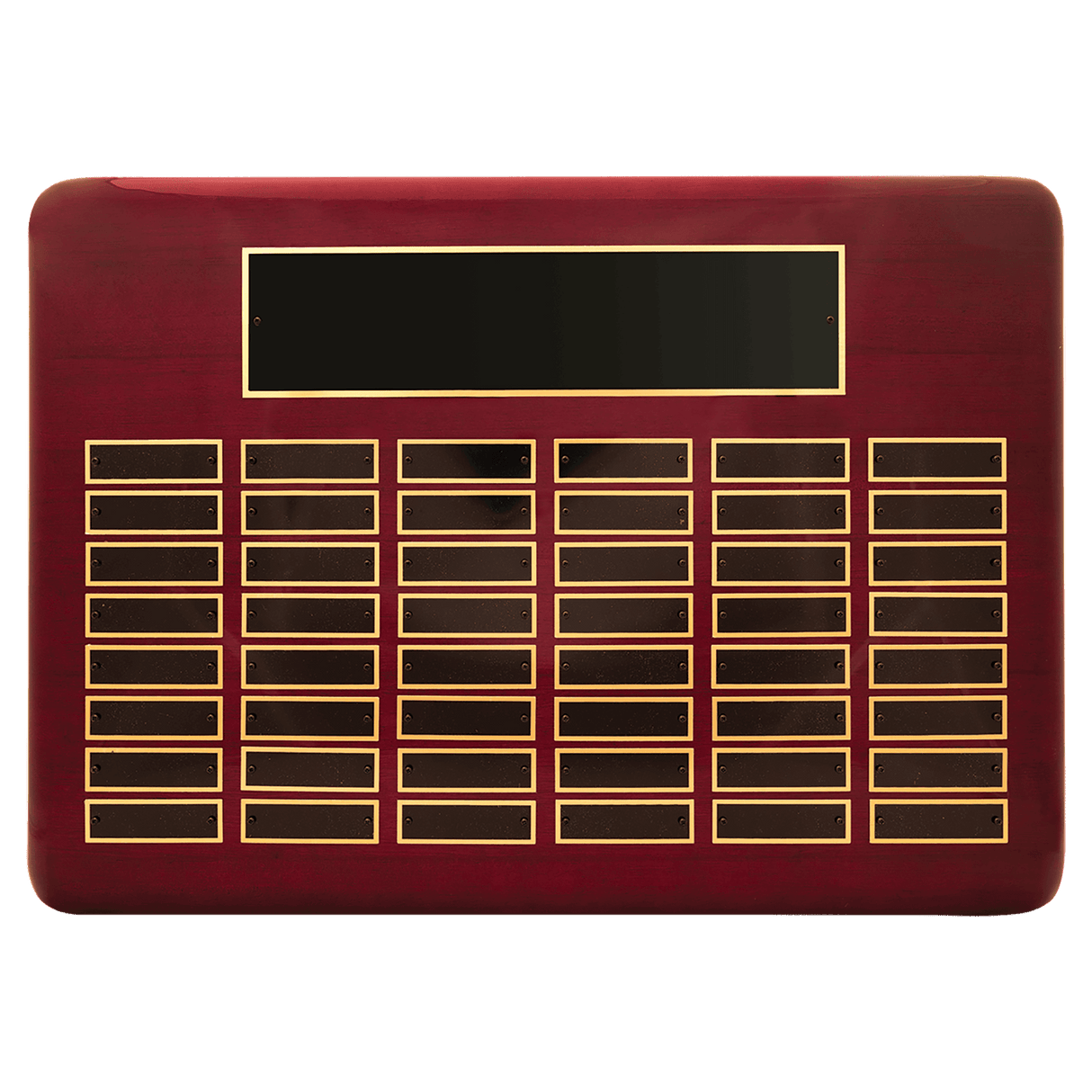 Rosewood Piano Finish 48 Plate Perpetual Plaque with Black Brass 15" x 21"/Plates 7/8" x 2 3/4" Plates