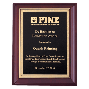 9" x 12" Hand Rubbed Cherry Finish Plaque with Gold Florentine Border Black LaserFX Plate