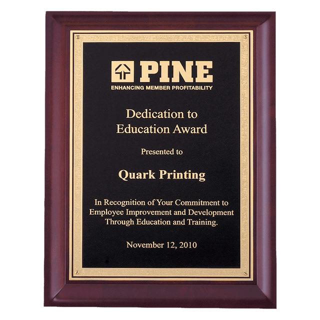 9" x 12" Hand Rubbed Cherry Finish Plaque with Gold Florentine Border Black LaserFX Plate