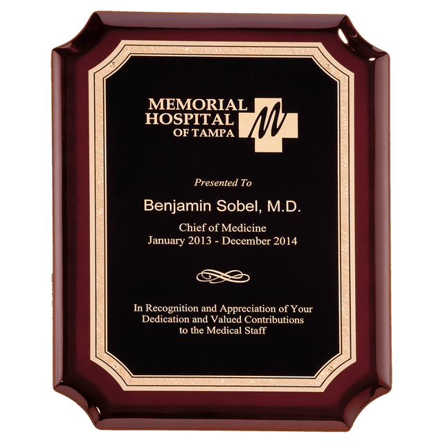 9" x 12" Rosewood High Gloss Plaque with Black Gold Florentine Border LaserFX Plate