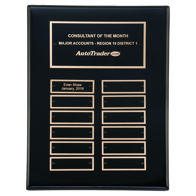 9" x 12" Airflyte Black Piano Finish 12 Plate Perpetual Plaque with Black Brass Plates
