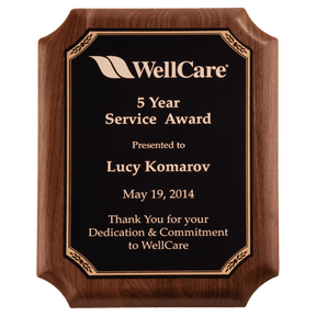 Walnut Plaque with Gold Border Black 9" x 12" American LaserFX Plate