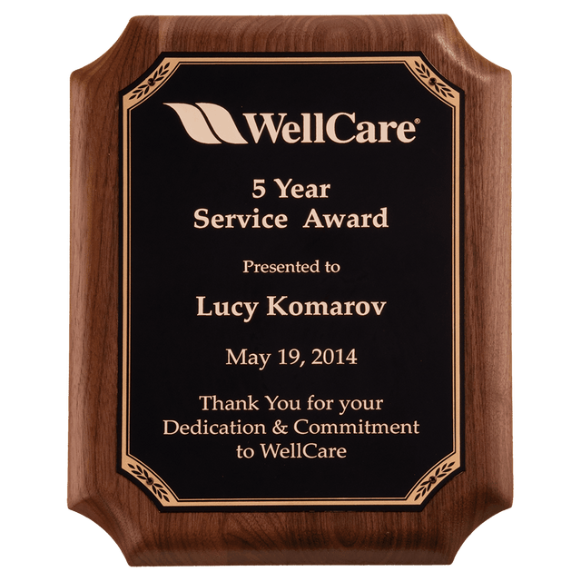 Walnut Plaque with Gold Border Black 9" x 12" American LaserFX Plate