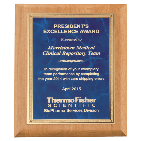 9" x 12" Natural Alder Wood Plaque with Sapphire Marble Gold Florentine Bordered LaserFX Plate
