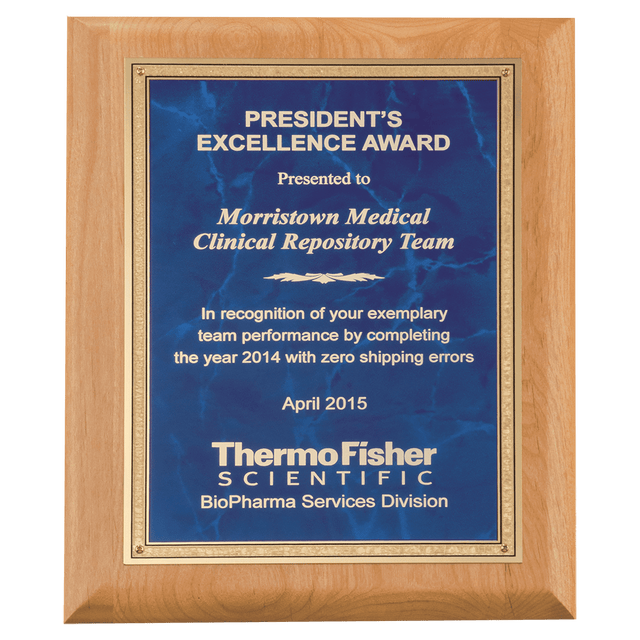 9" x 12" Natural Alder Wood Plaque with Sapphire Marble Gold Florentine Bordered LaserFX Plate