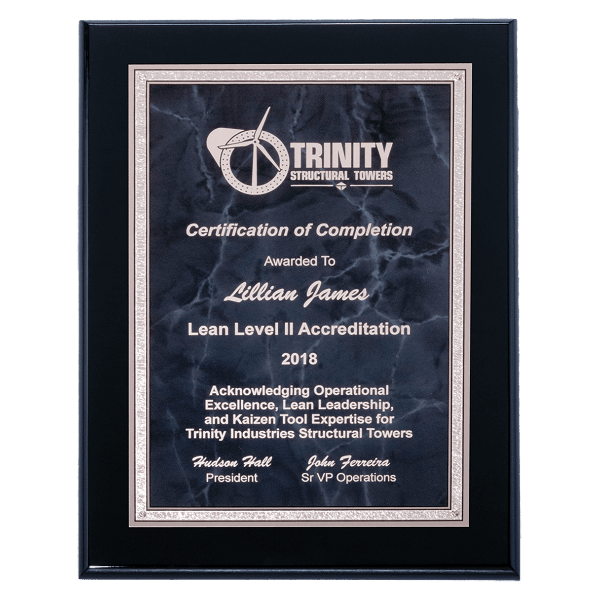 9" x 12" Airflyte Black High Gloss Plaque with Gray Marble/Silver Florentine Border