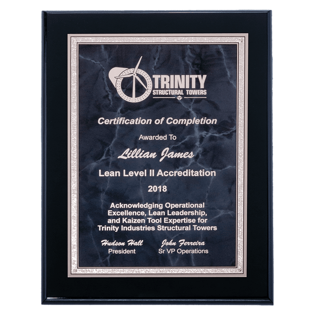 9" x 12" Airflyte Black High Gloss Plaque with Gray Marble/Silver Florentine Border