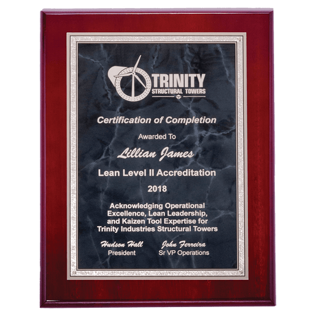 9" x 12" Airflyte Rosewood High Gloss Plaque with Gray Marble/Silver Florentine Borders Plate
