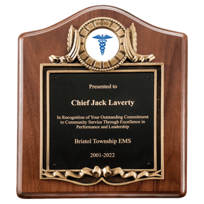 10" x 12" American Walnut Plaque with Gold Border Decorative Frame with 2" Insert Holder, Laserable Black Brass Plate- Witney Series