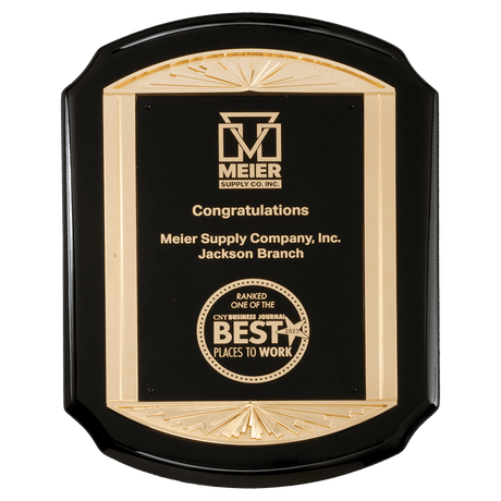 11" x 15" Black High Gloss Plaque with Metal Gold Sunburst Frame Casting and Black LaserFX Plate