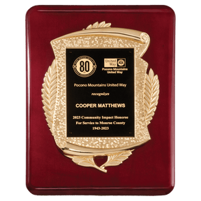 11" x 15" Rosewood Piano Finish Plaque with Metal Gold Scroll Frame Casting and Black LaserFX Plate