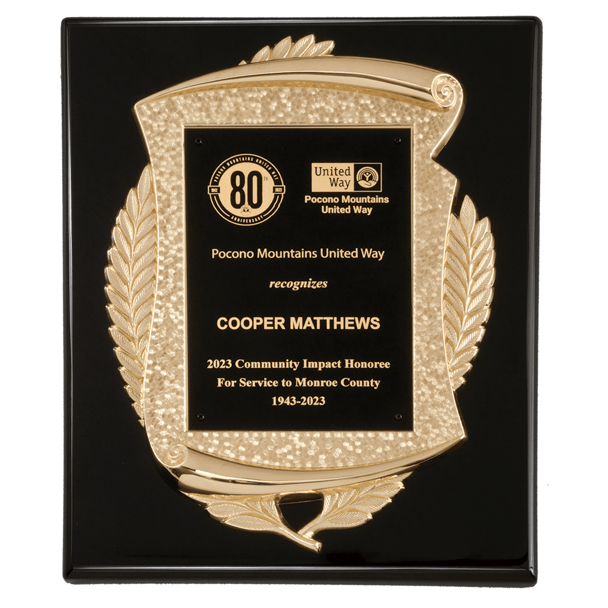 10 1/2" x 13" Black High Gloss Plaque with Metal Gold Scroll Frame Casting with Black LaserFX Plate