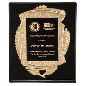 10 1/2" x 13" Black High Gloss Plaque with Metal Gold Scroll Frame Casting with Black LaserFX Plate
