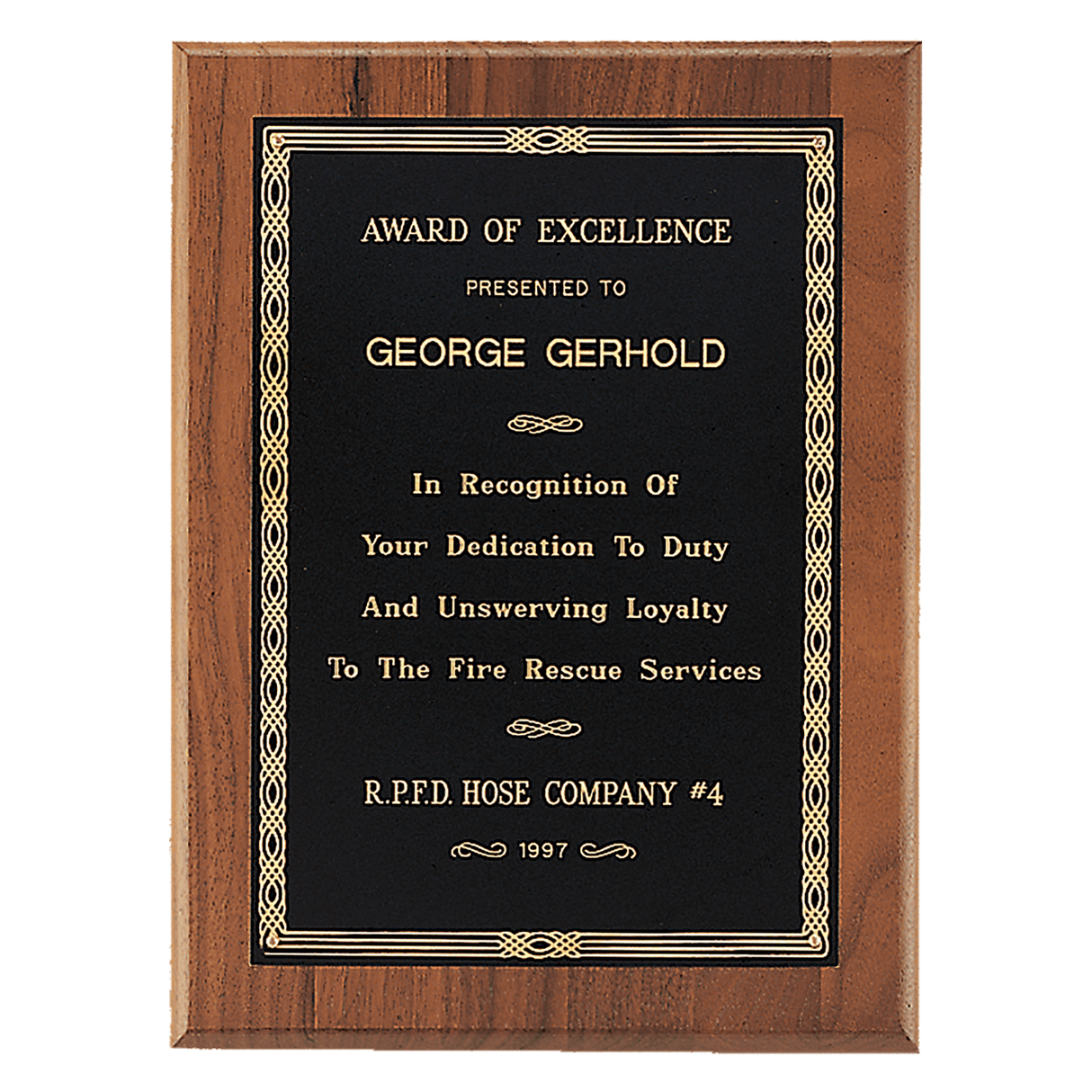 8" x 10" Black Laserable Gold Border Plate on an American Walnut Plaque - Sheffield Series