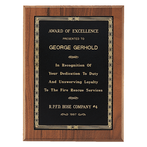 8" x 10" Black Laserable Gold Border Plate on an American Walnut Plaque - Sheffield Series