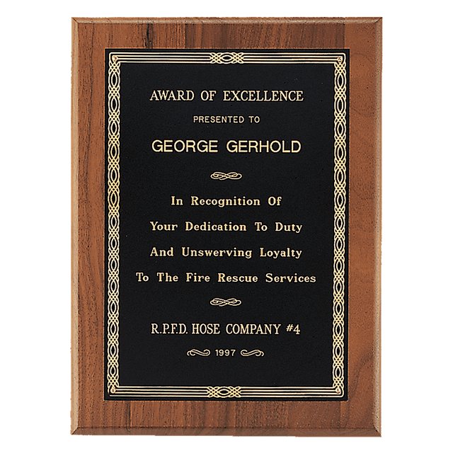 8" x 10" Black Laserable Gold Border Plate on an American Walnut Plaque - Sheffield Series