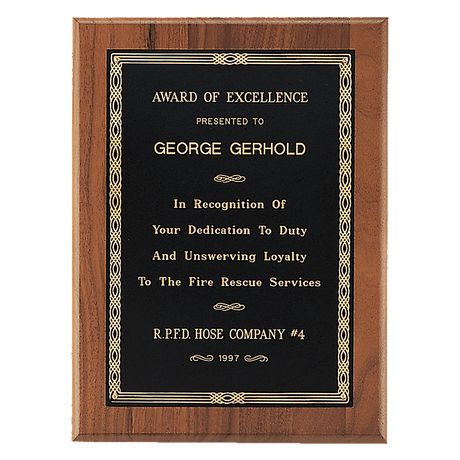 9" x 12" Jewelers Black Laserable Gold Border Plate on an American Walnut Plaque- Sheffield Series
