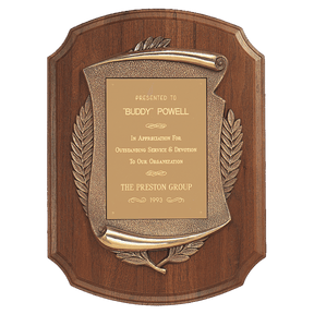 11" x 15" American Walnut Notch Corner Plaque w/Antique Bronze Scroll/Brushed Brass Plate