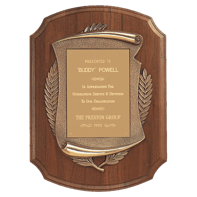 11" x 15" American Walnut Notch Corner Plaque w/Antique Bronze Scroll/Brushed Brass Plate