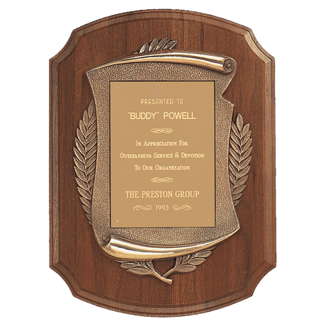 Walnut Notch Corner Plaque w/Antique Bronze Scroll/Brushed Brass 11" x 15" American Plate