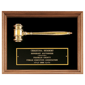 10" x 13" Gold Electrooplated Gavel in a Walnut Frame with Black Velour Background and Black Laserable Brass plate