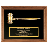 Gold Electrooplated Gavel in a Walnut Frame with Black Velour Background and Black Laserable Brass 10" x 13" plate
