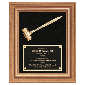 Gold Electroplated Gavel in a Walnut Frame with Black Velour Background and Black Laserable Brass 15" x 18" Plate