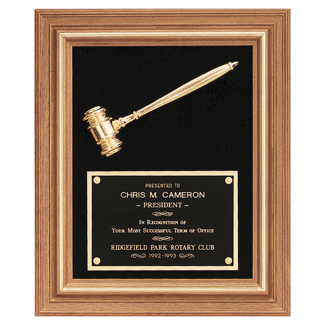 Gold Electroplated Gavel in a Walnut Frame with Black Velour Background and Black Laserable Brass 15" x 18" Plate