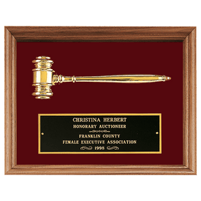 10" x 13" Gold Electroplated Gavel in a Walnut Frame with Maroon Velour Background and Black Laserable Brass Plate