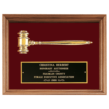 10" x 13" Gold Electroplated Gavel in a Walnut Frame with Maroon Velour Background and Black Laserable Brass Plate