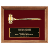 Gold Electroplated Gavel in a Walnut Frame with Maroon Velour Background and Black Laserable Brass 10" x 13" plate