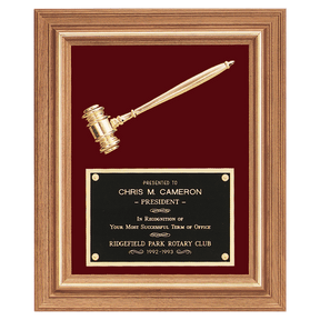 15" x 18" Gold Electroplated Gavel in a Walnut Frame with Maroon Velour Background and Black Laserable Brass Plate