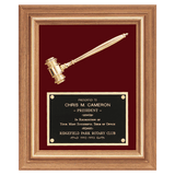 Gold Electroplated Gavel in a Walnut Frame with Maroon Velour Background and Black Laserable Brass 15" x 18" Plate